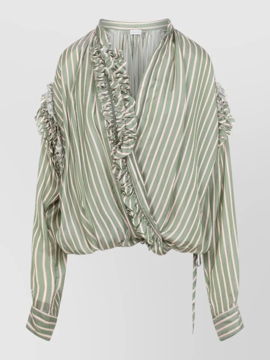 Dries Van Noten striped ruffled wrap v-neck long-sleeve blouse