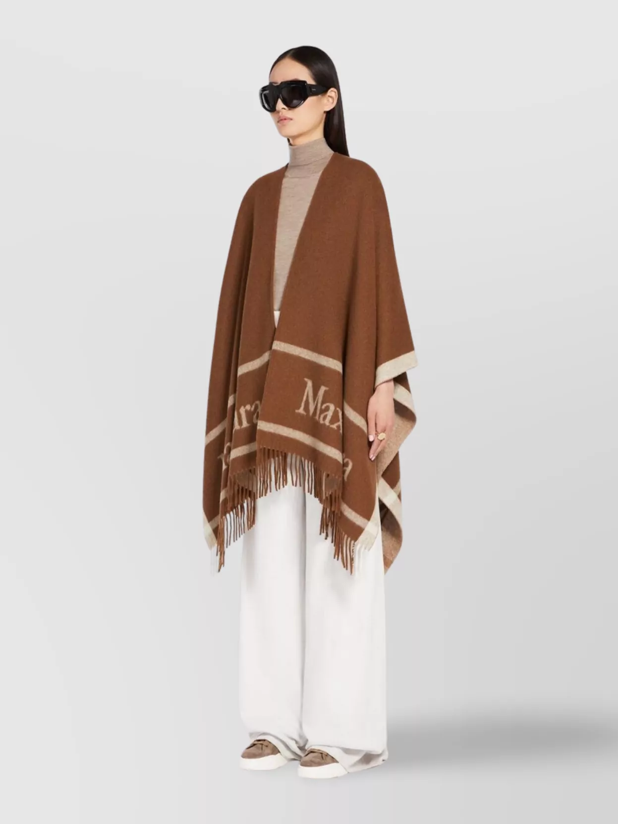 Max Mara Wool Jacquard Fringe Lettering Poncho