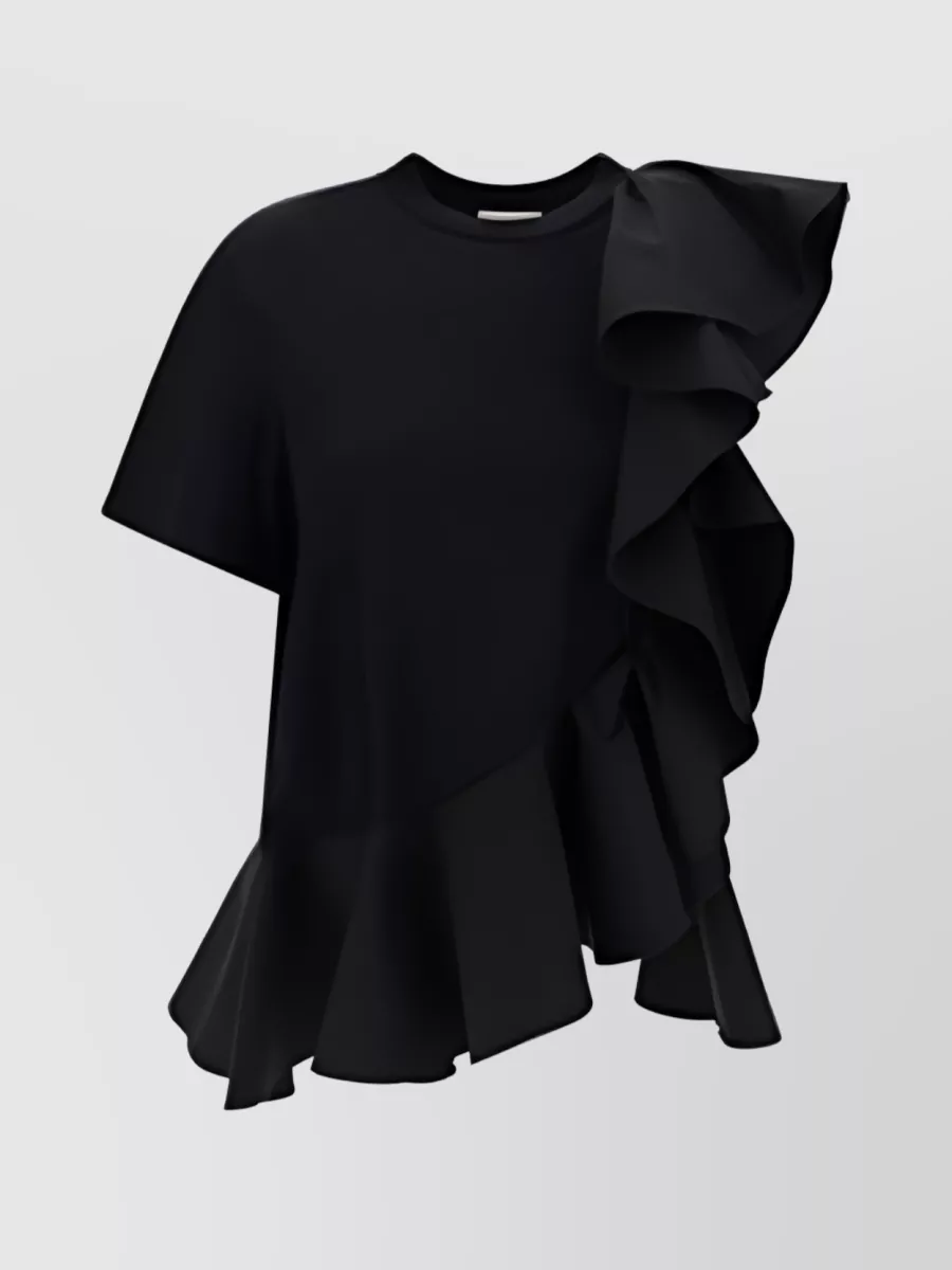Alexander Mcqueen Cotton Jersey Asymmetric Ruffle T-shirt In Black