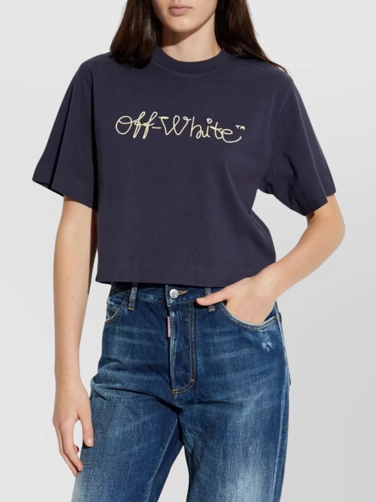 Off-white Logo Crop T-shirt Round Neck In Blue