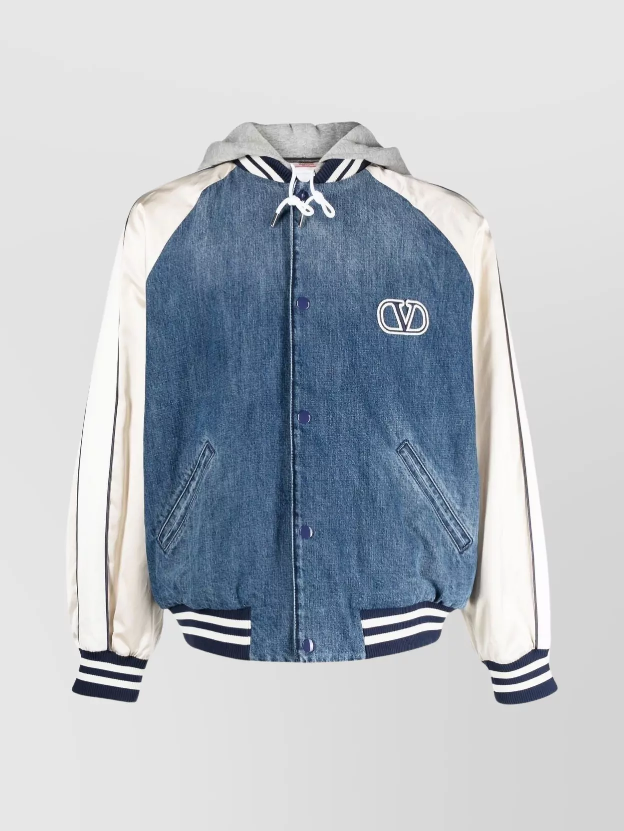 Valentino Denim Bomber Jacket With Satin Sleeves And Vlogo Signature Patch In Blue