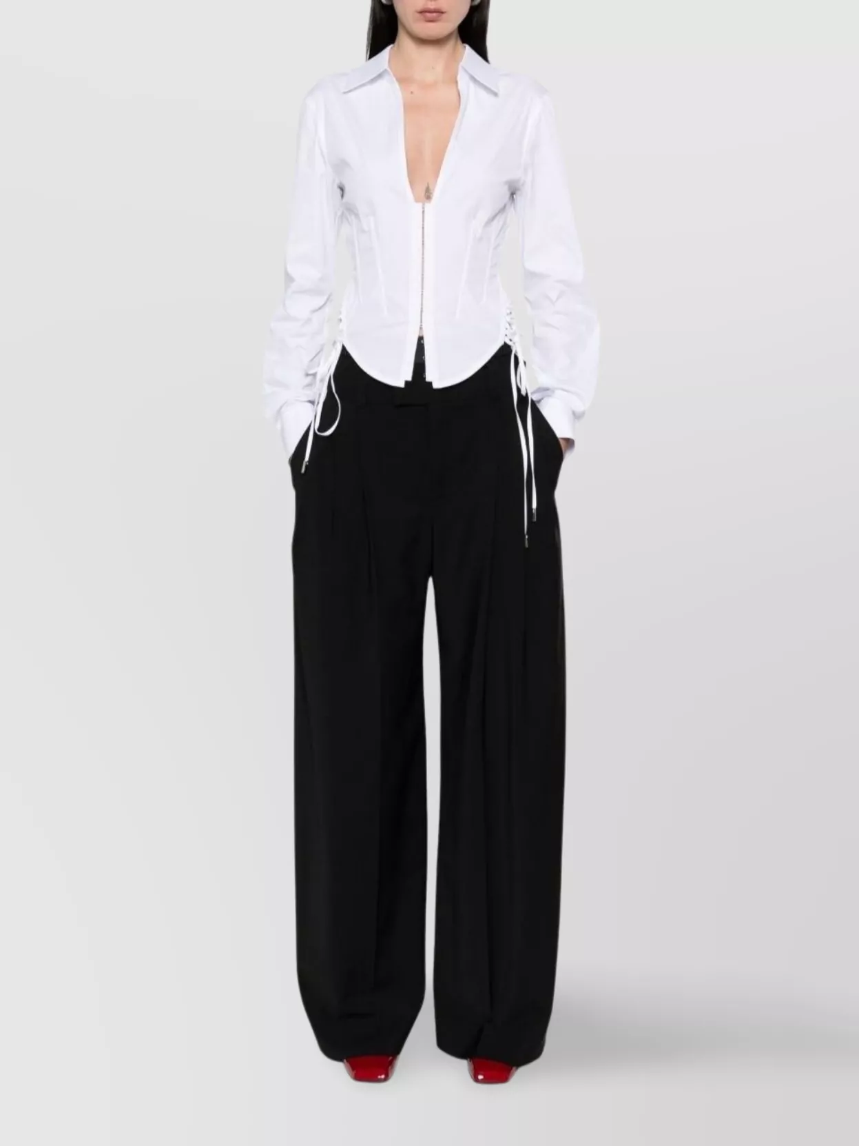 Mugler Slim Fit V-neck Optical White Organic Cotton Shirt Women In White