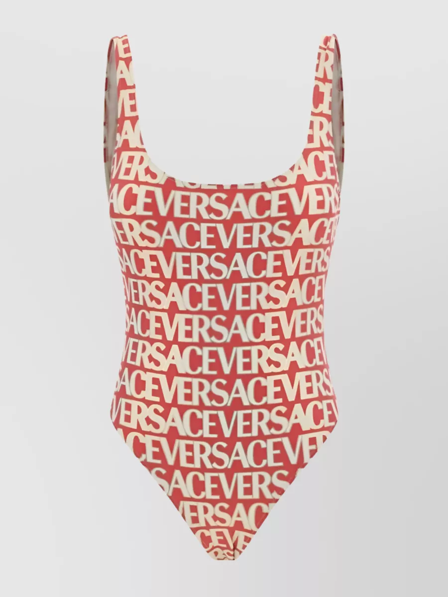 Shop Versace Logo Print Open-back Sleeveless Swimsuit In Pastel