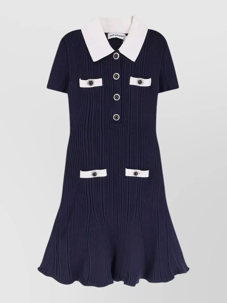 Self-Portrait Cashmere ribbed contrast collar mini dress — The ivory ribbed polo mini mirrors the varsity, tennis-club energy of the navy Adidas cardigan and keeps the outfit in one clean sport-preppy, same-brand story.