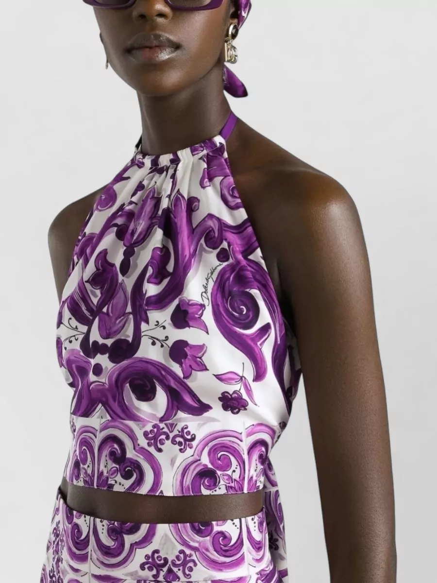 Dolce&Gabbana Stretch Silk Halter Neck Graphic Print Top