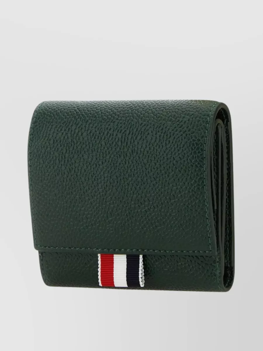Shop Thom Browne Textured Leather Wallet With Signature Stripes In Green