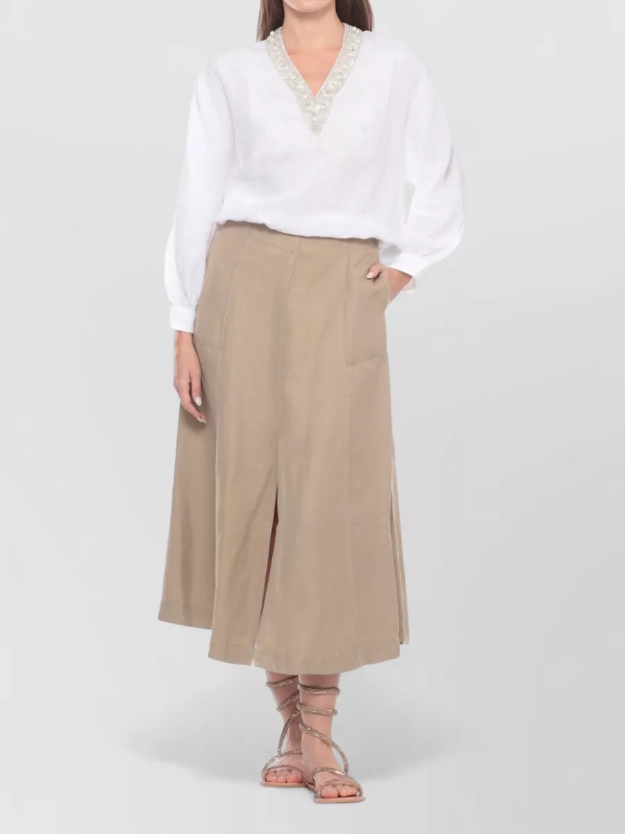 120% Lino Linen V-Neck Embellished Long-Sleeve Asymmetric Blouse