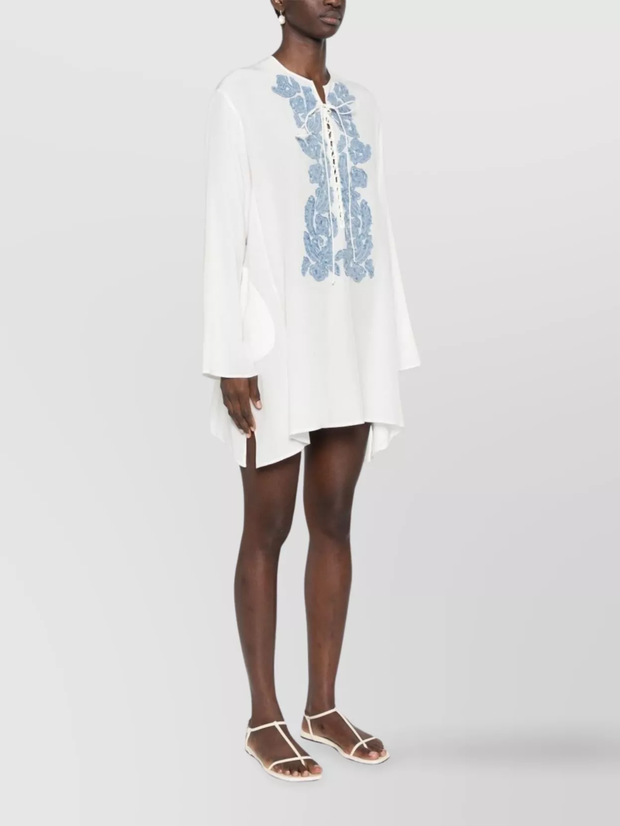 ERMANNO SCERVINO SILK KAFTAN WITH EMBROIDERED DESIGN AND ASYMMETRICAL HEM