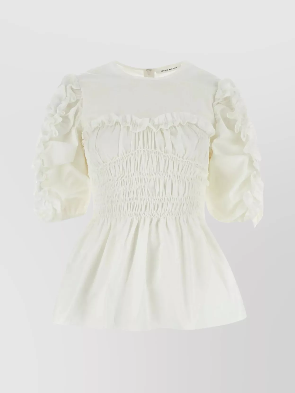 Shop Cecilie Bahnsen Polyester Flare Top With Smocked Bodice And Ruffled Hemline