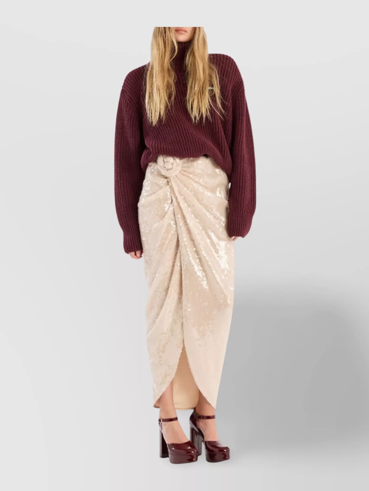 Rotate Draped Midi Skirt With Sequin Floral Detail