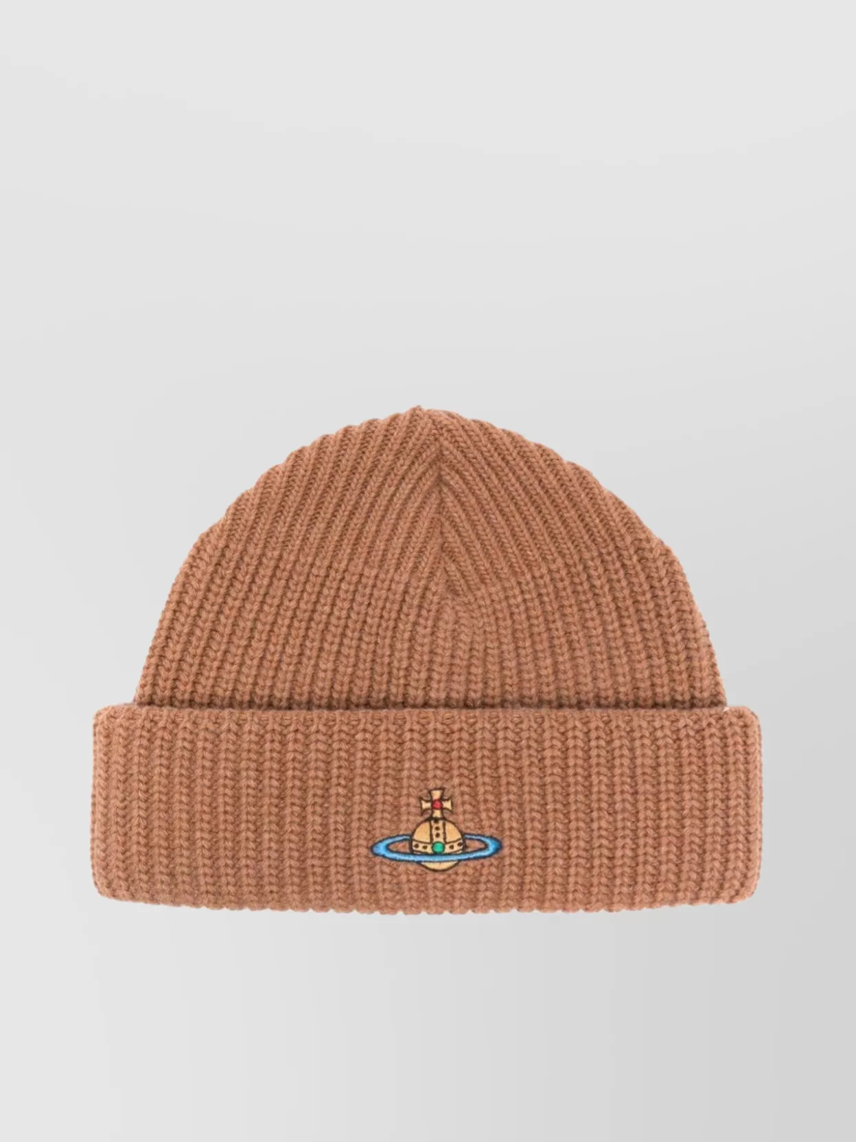 Shop Vivienne Westwood Brimmed Knit Hat With Logo Patch In Brown