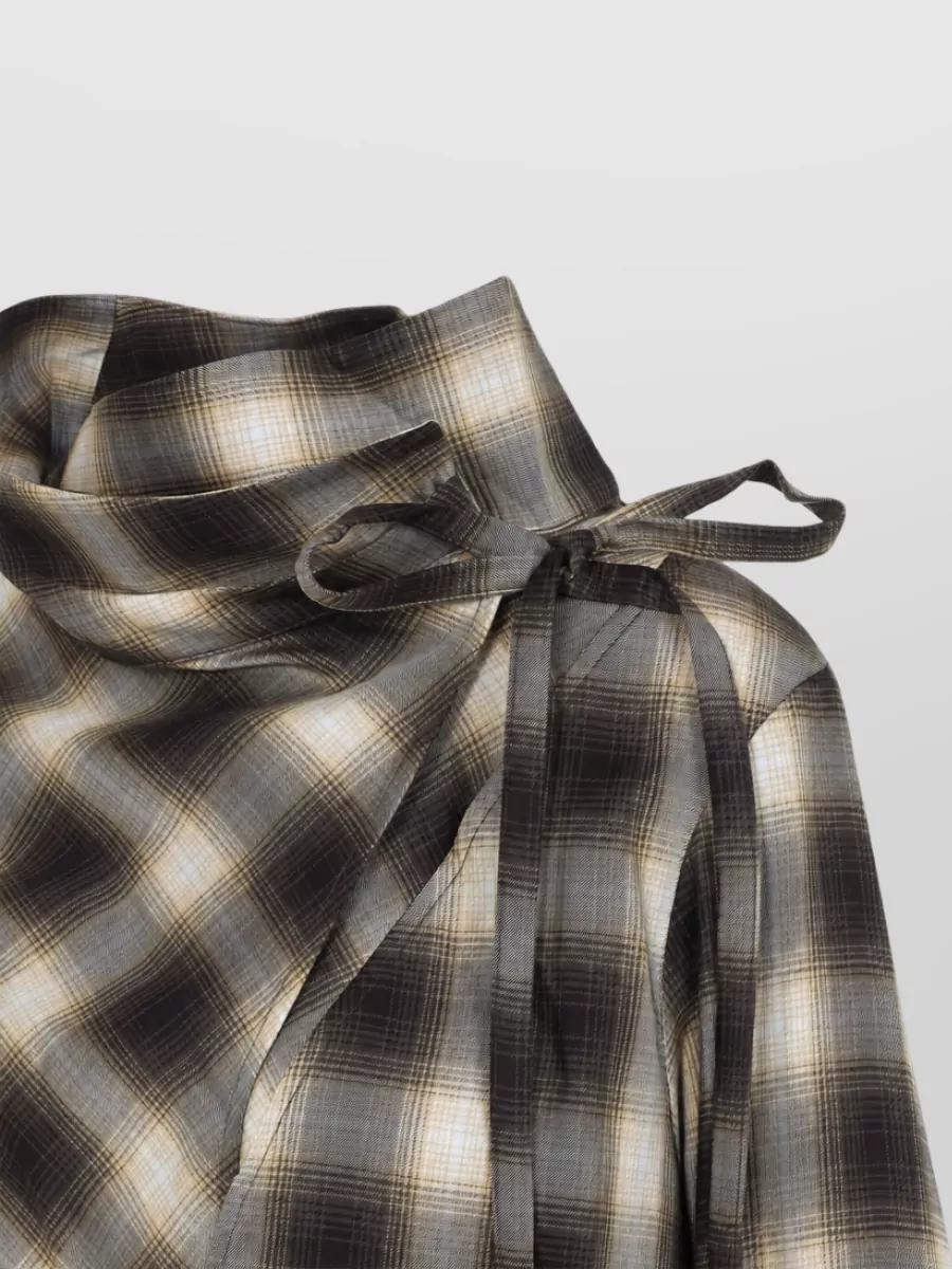 Co Checked Draped Funnel-Neck Long-Sleeve Shirt