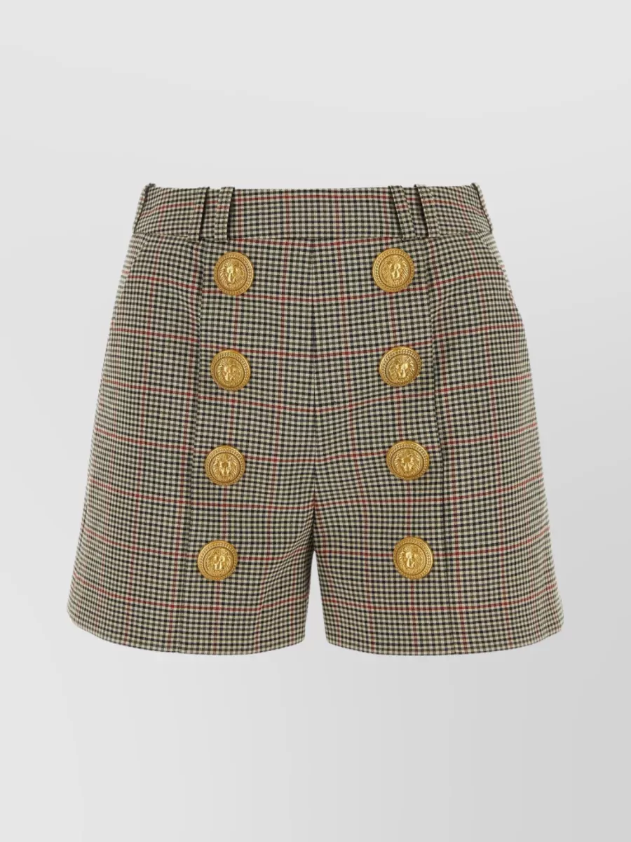 Shop Balmain Waist Belted Checkered Shorts In Khaki