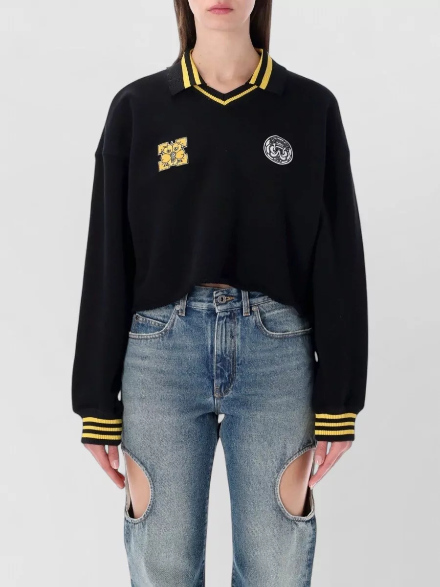 Off-White Cotton Relaxed-Fit Cropped Polo Sweatshirt