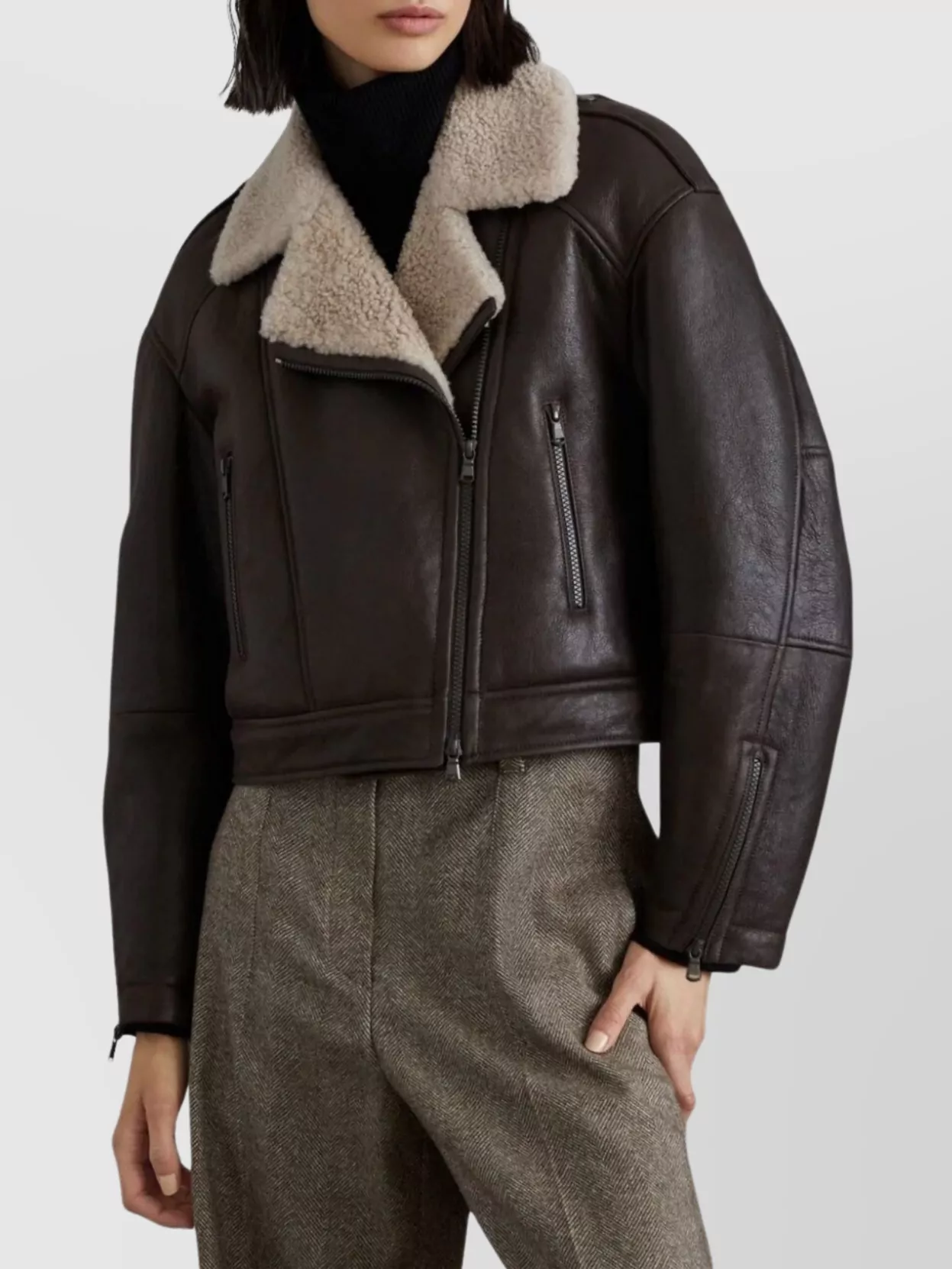 Brunello Cucinelli Shearling Collar Leather Biker Jacket