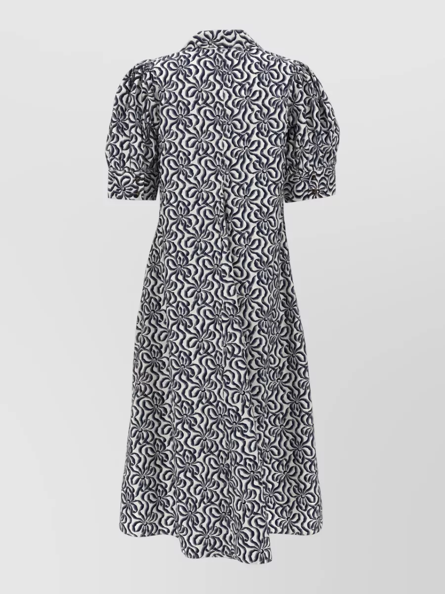 Ganni Printed Cotton V-Neck Short-Sleeve Midi Dress