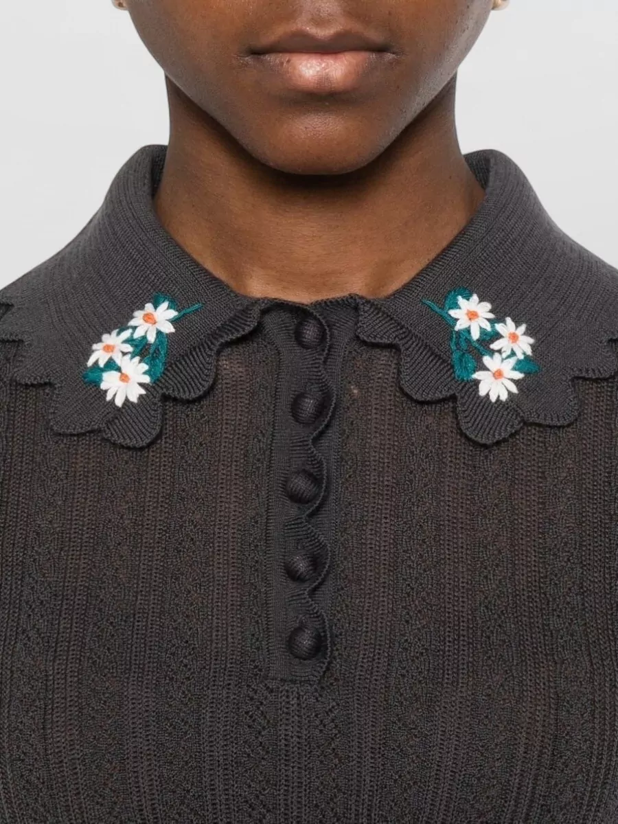 Self-Portrait Wool Floral Appliqué Scalloped-Collar Short-Sleeve Polo Top