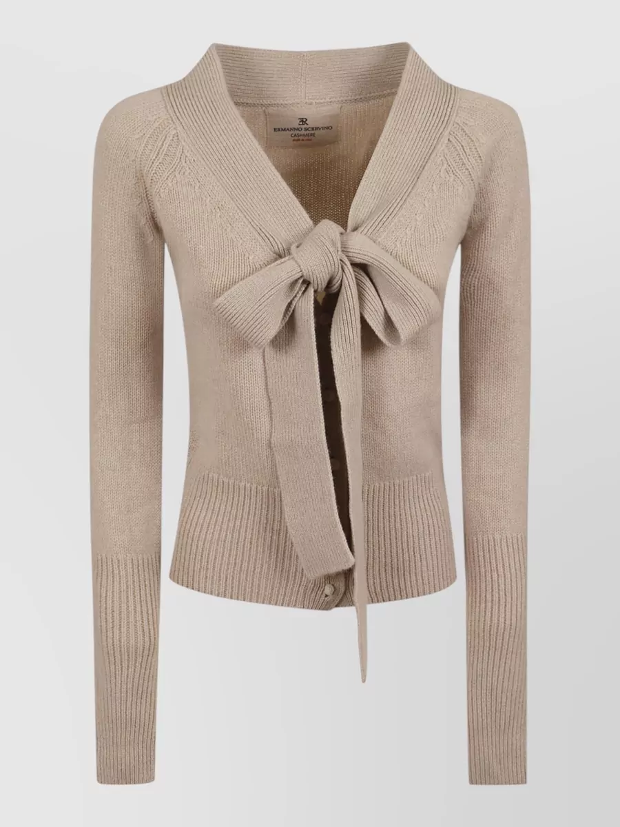 Ermanno Scervino cashmere ribbed draped bow v-neck cardigan