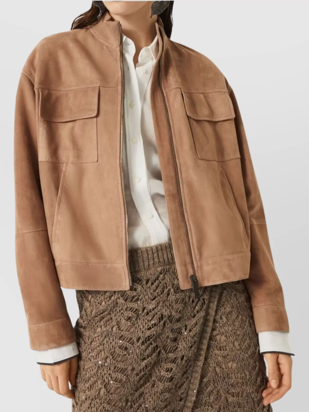 Brunello Cucinelli Ribbed Collar Suede Jacket With Multiple Pockets