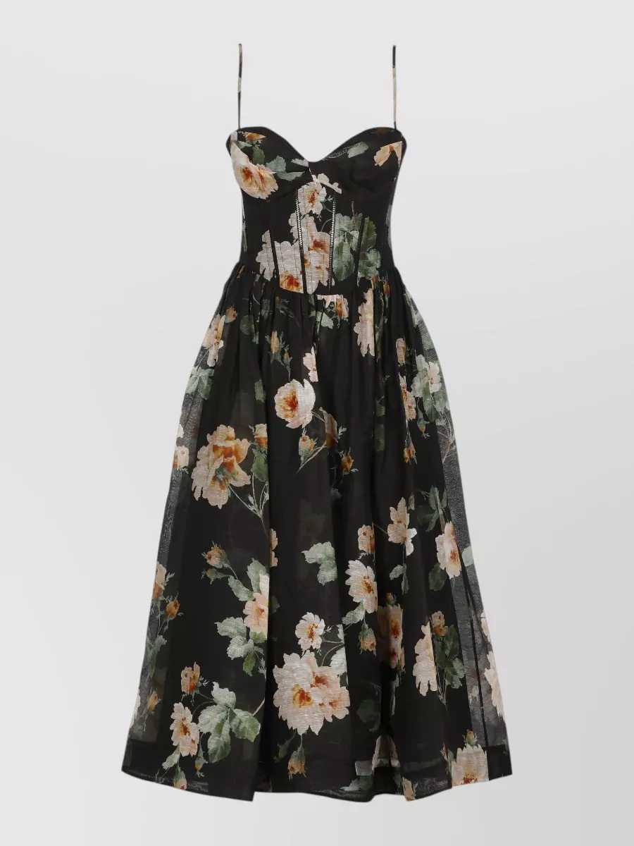 Zimmermann Linen And Silk Floral-Print Corset Midi Dress