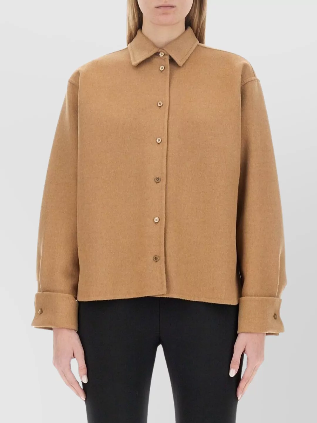 Max Mara Regular Fit Long Sleeve Wool Collared Shirt In Gold