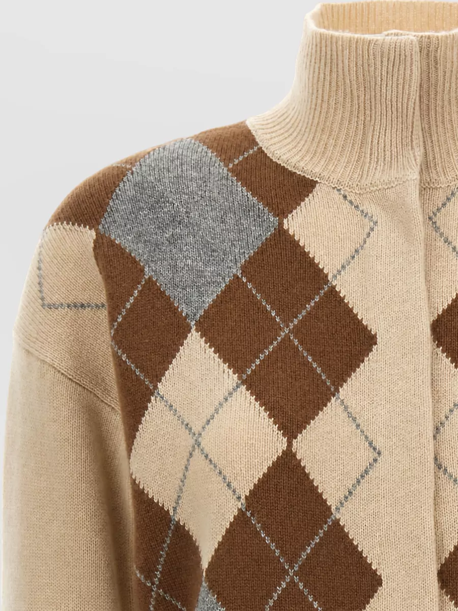 S Max Mara Cashmere Wool Argyle Jacquard High Neck Cardigan