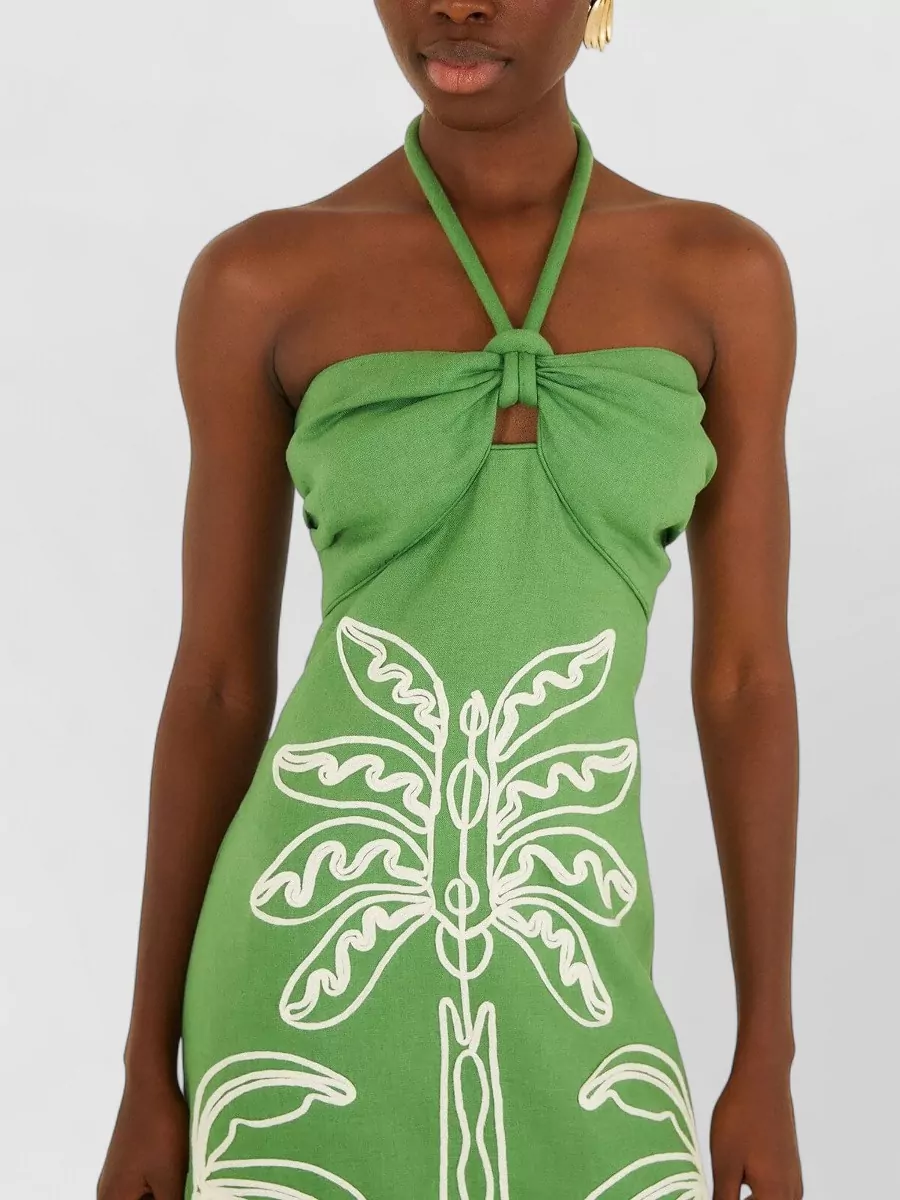 Farm Rio Linen Embroidered Halterneck Midi Dress