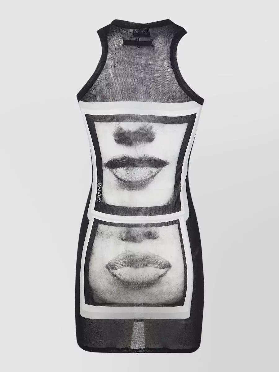 Jean Paul Gaultier Mesh Tank Dress Eyes Lips Print In Black
