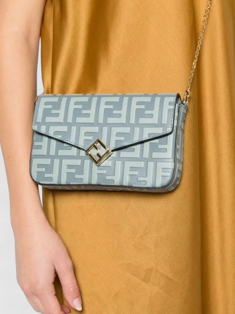Fendi Ff Diamonds Leather Wallet Chain Bag In Blue