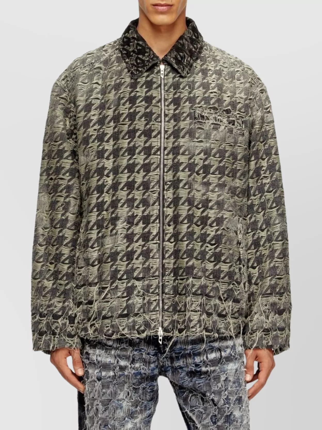 Diesel Houndstooth Blazer With Frayed Edges And Pocket In Black