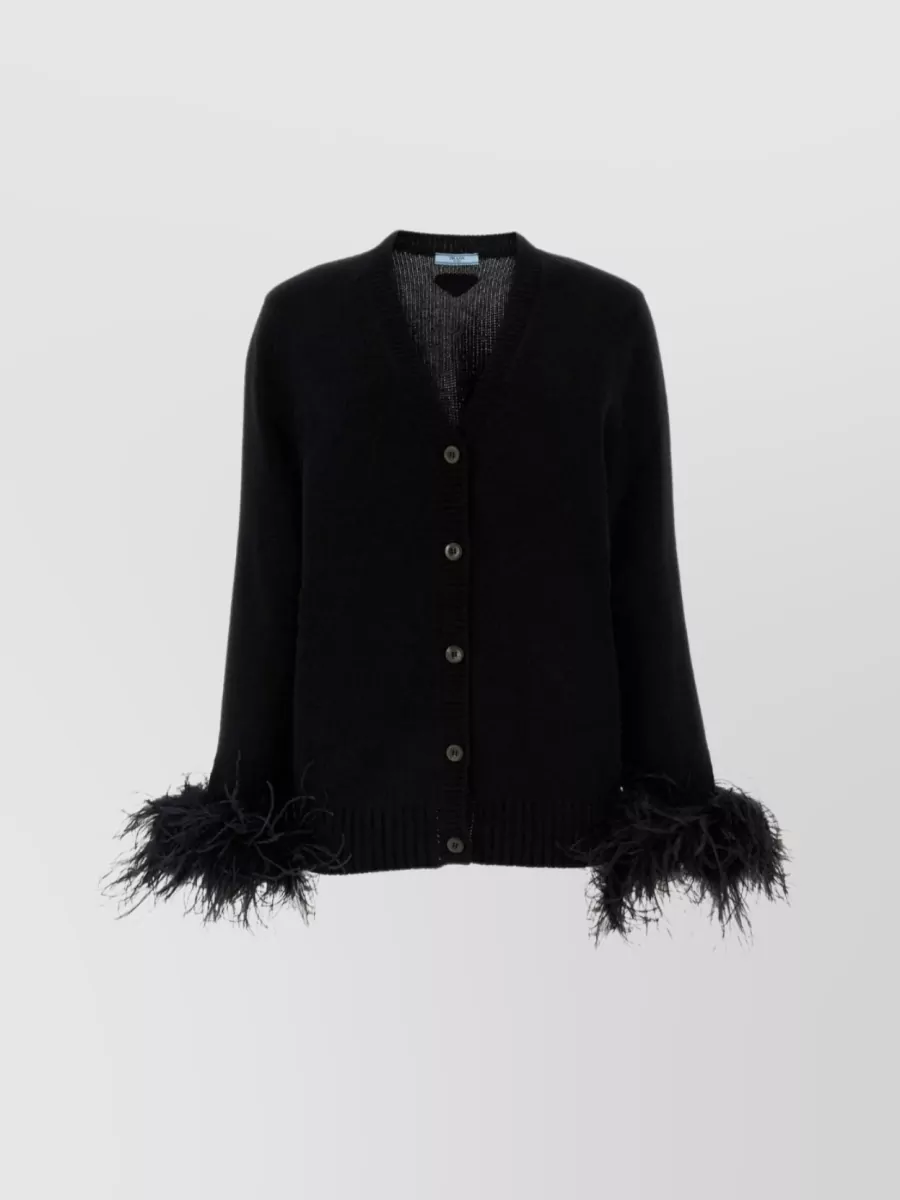 Shop Prada V-neck Cardigan With Feather Trim Cuffs And Ribbed Hemline In Black