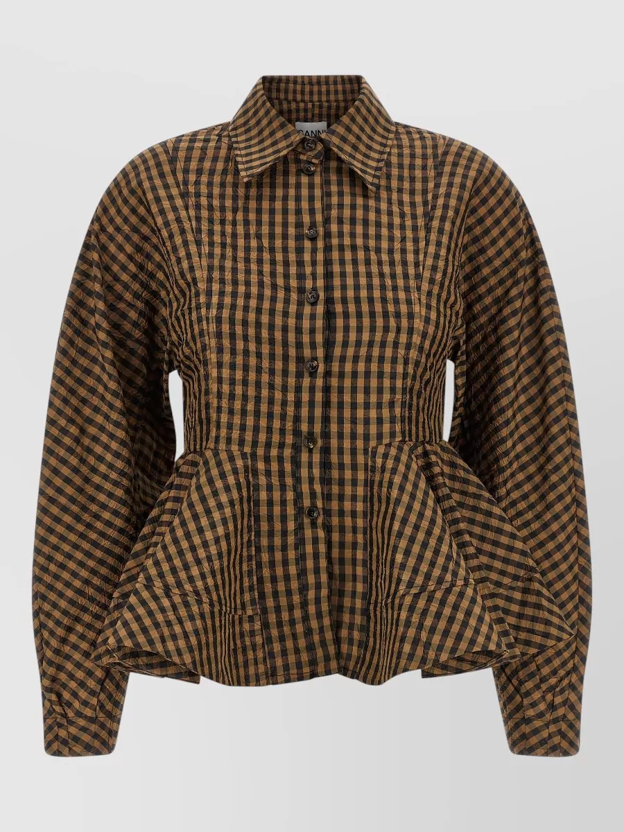 Ganni Crinkled Taffeta Blouse Peplum Check Design In Brown