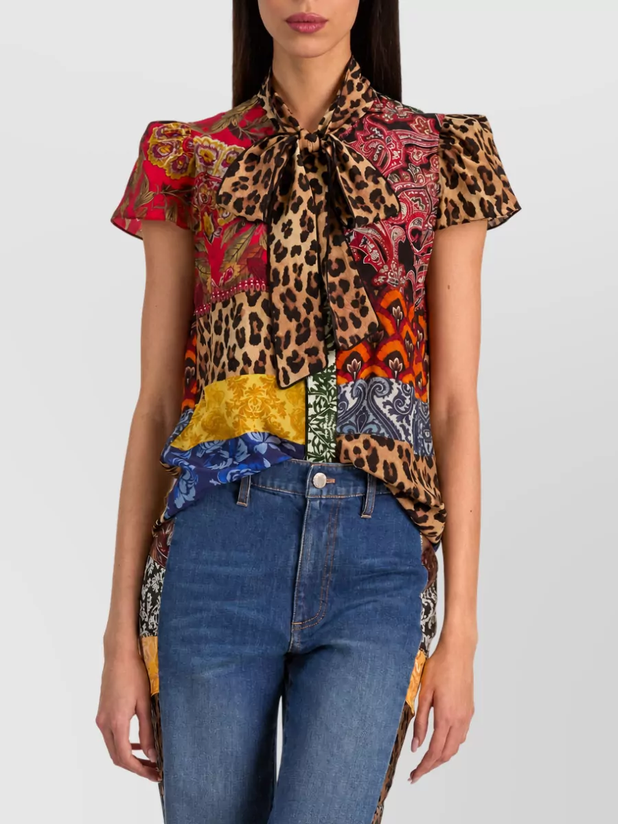 Alice + Olivia Silk Printed Pussy-Bow Short-Sleeve Shirt