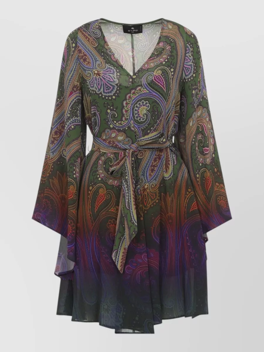 Etro Paisley-Print V-Neck Bell-Sleeve Mini Dress