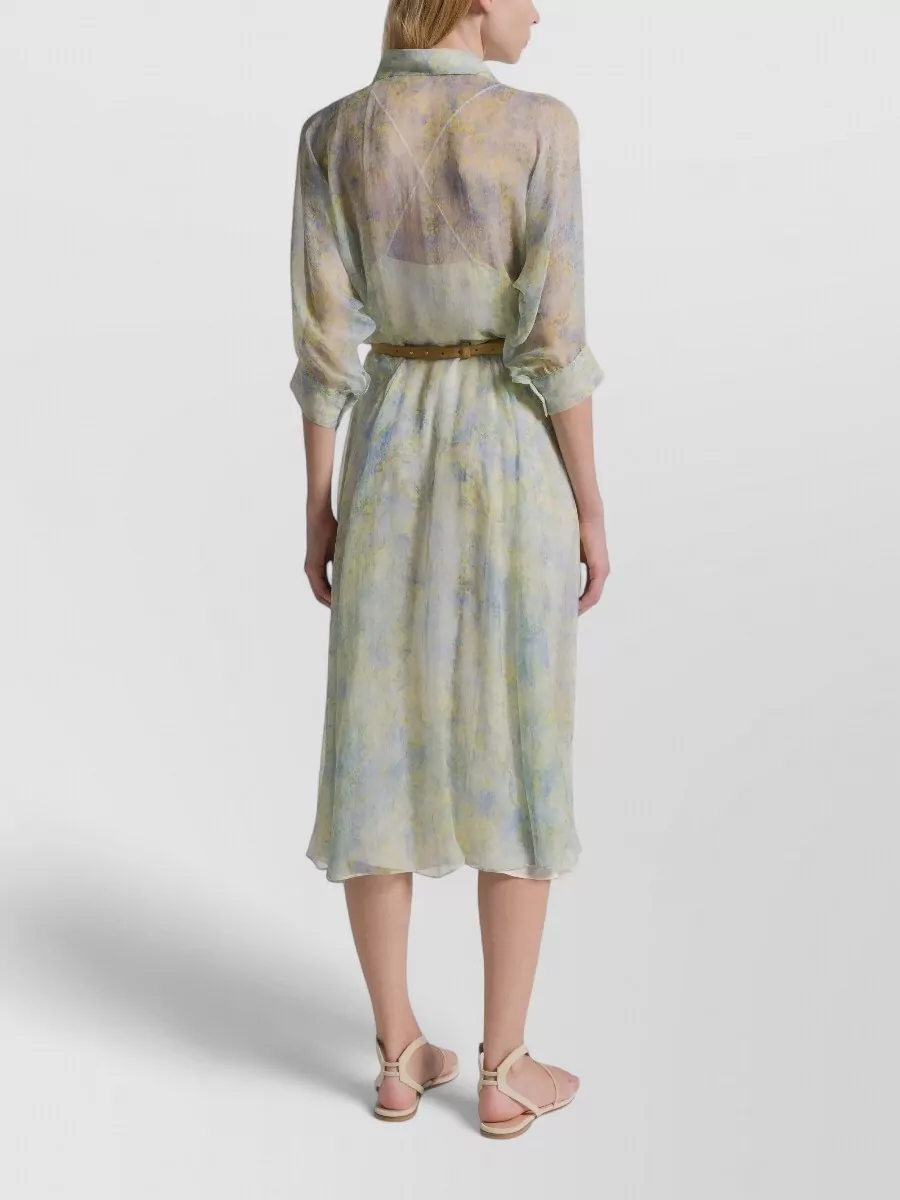 Alberta Ferretti Dress Belted Waist Rolled Up Sleeves Sheer