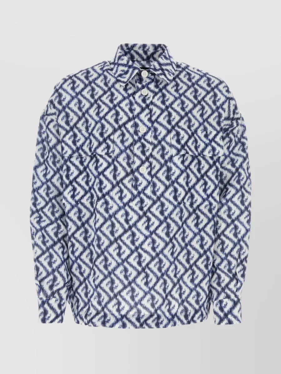 Shop Fendi Embroidered Motif Linen Shirt In Blue