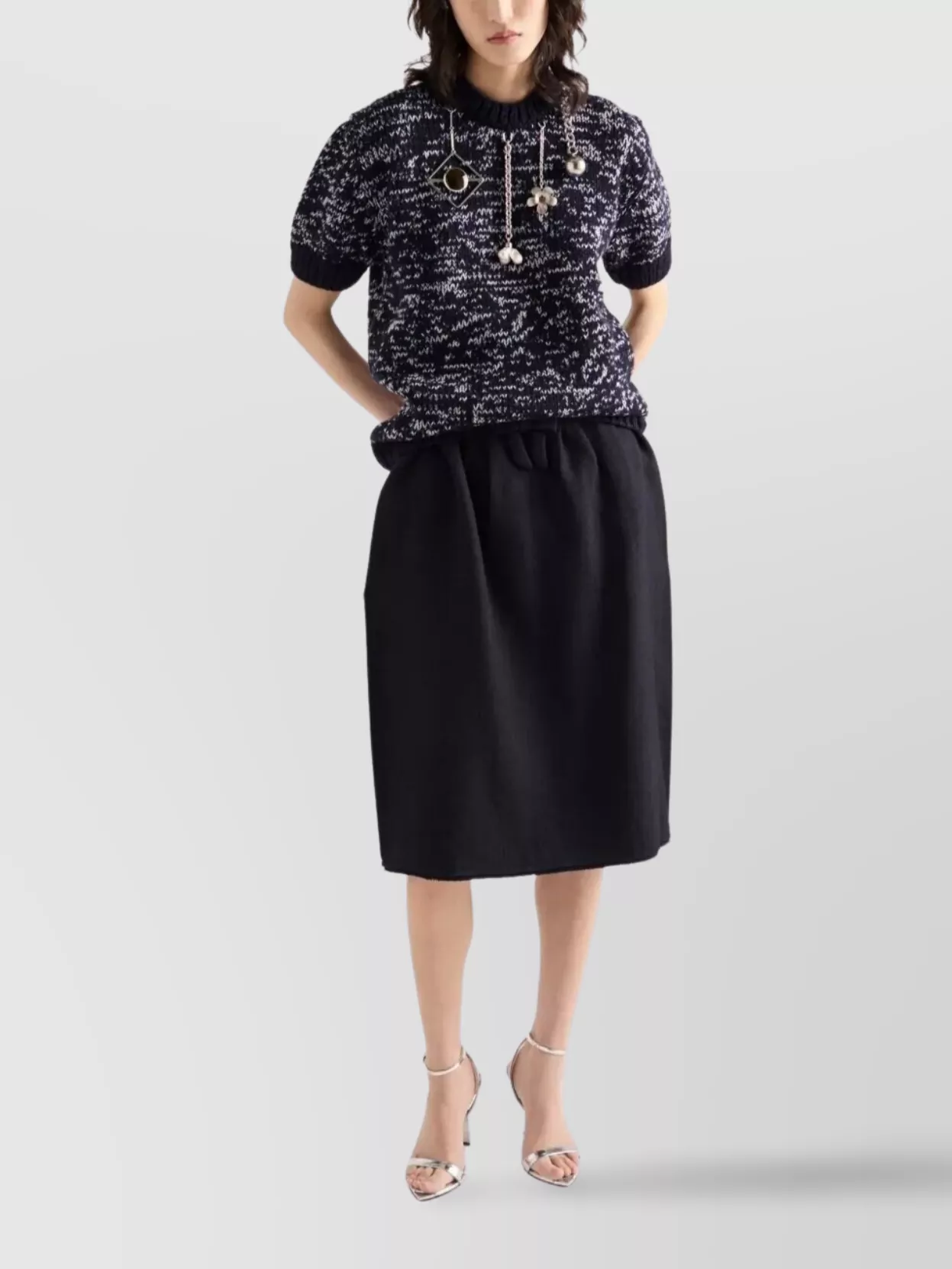 Prada Wool Midi Skirt Chevron Pattern In Black