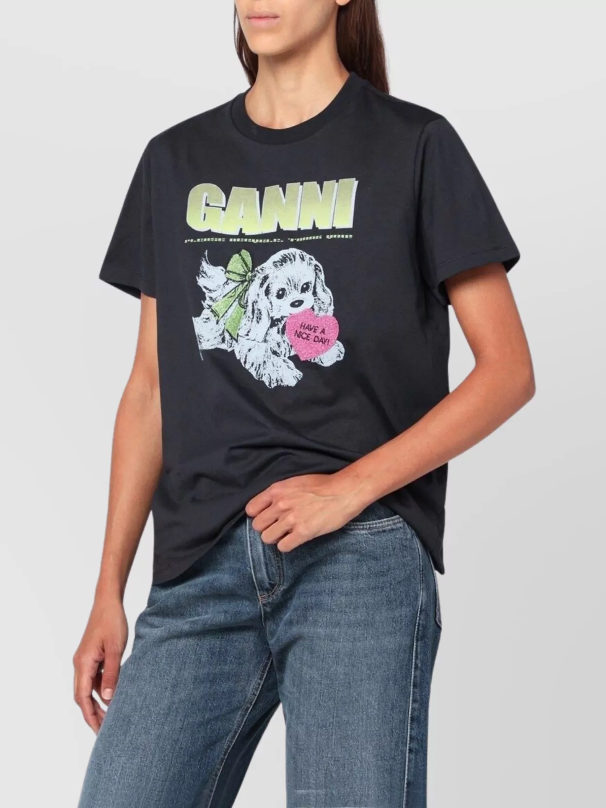 Ganni Organic Cotton T-shirt Featuring Dog Graphic In Black