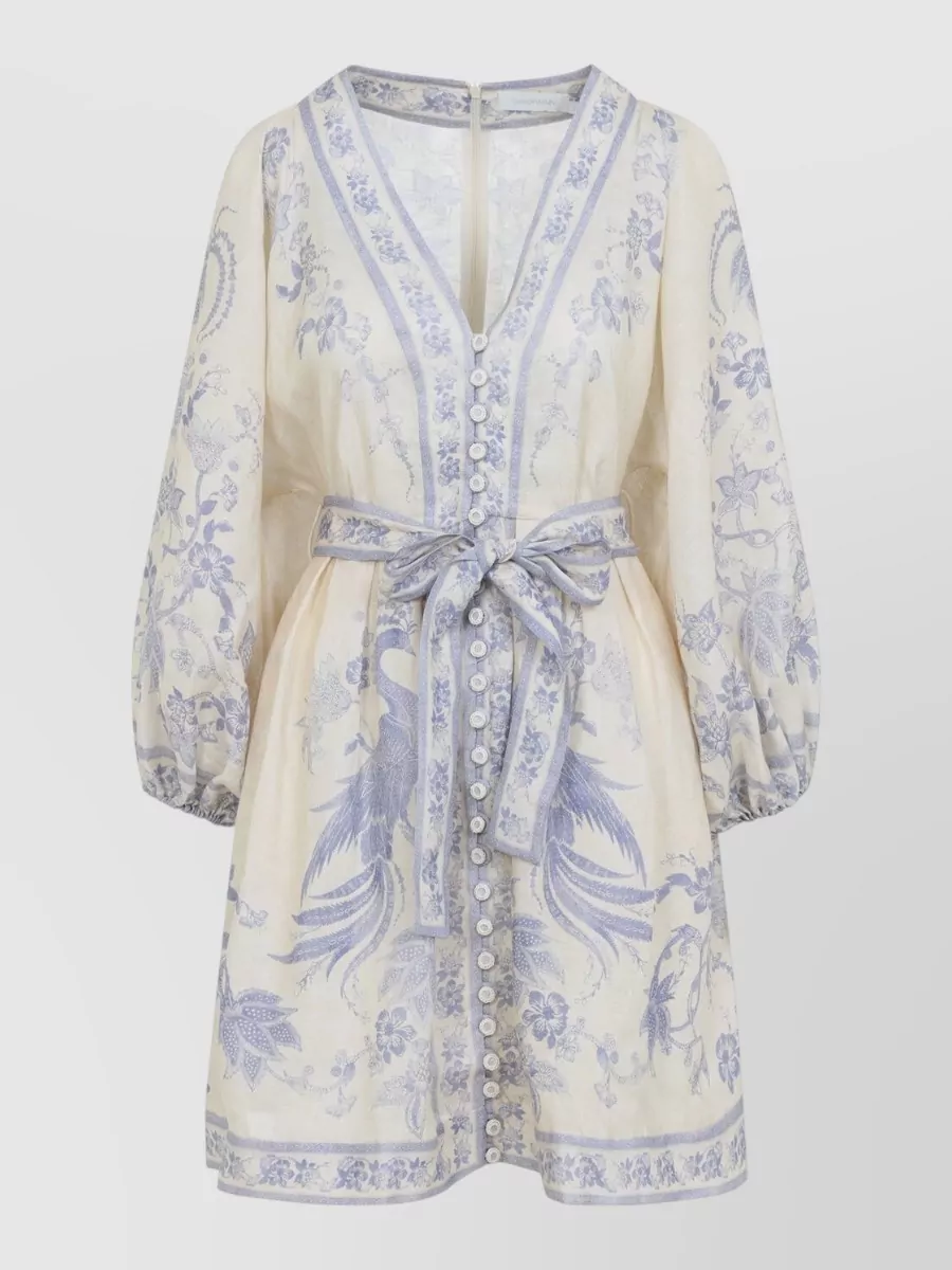 Zimmermann Linen Floral-Print V-Neck Puff-Sleeve Mini Dress