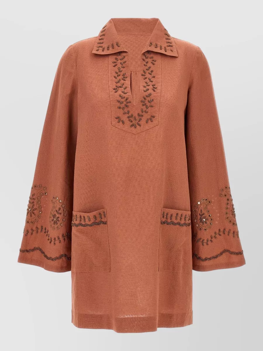 Fortela beaded cotton v-neck long-sleeve dress
