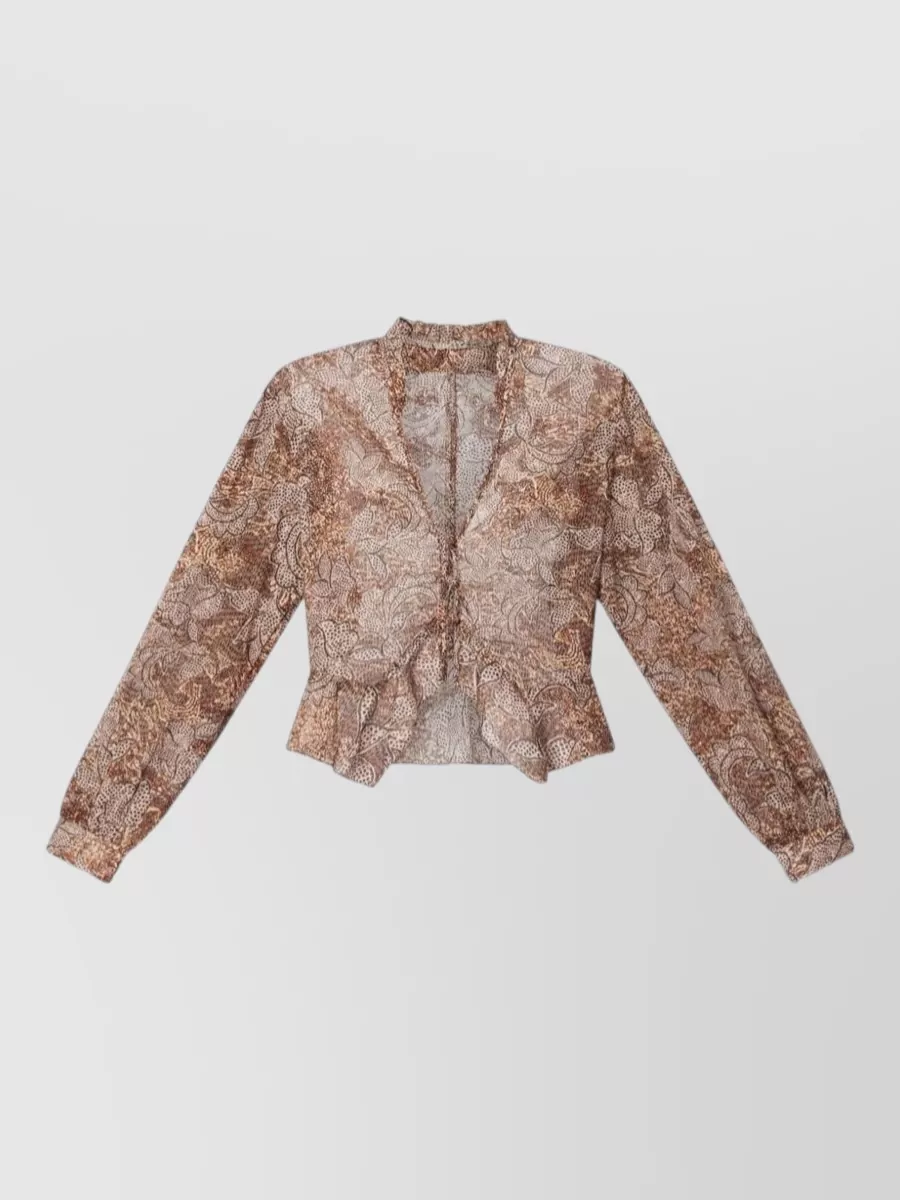 Isabel Marant Cotton Floral-Print Cropped V-Neck Ruffled Long-Sleeve Blouse