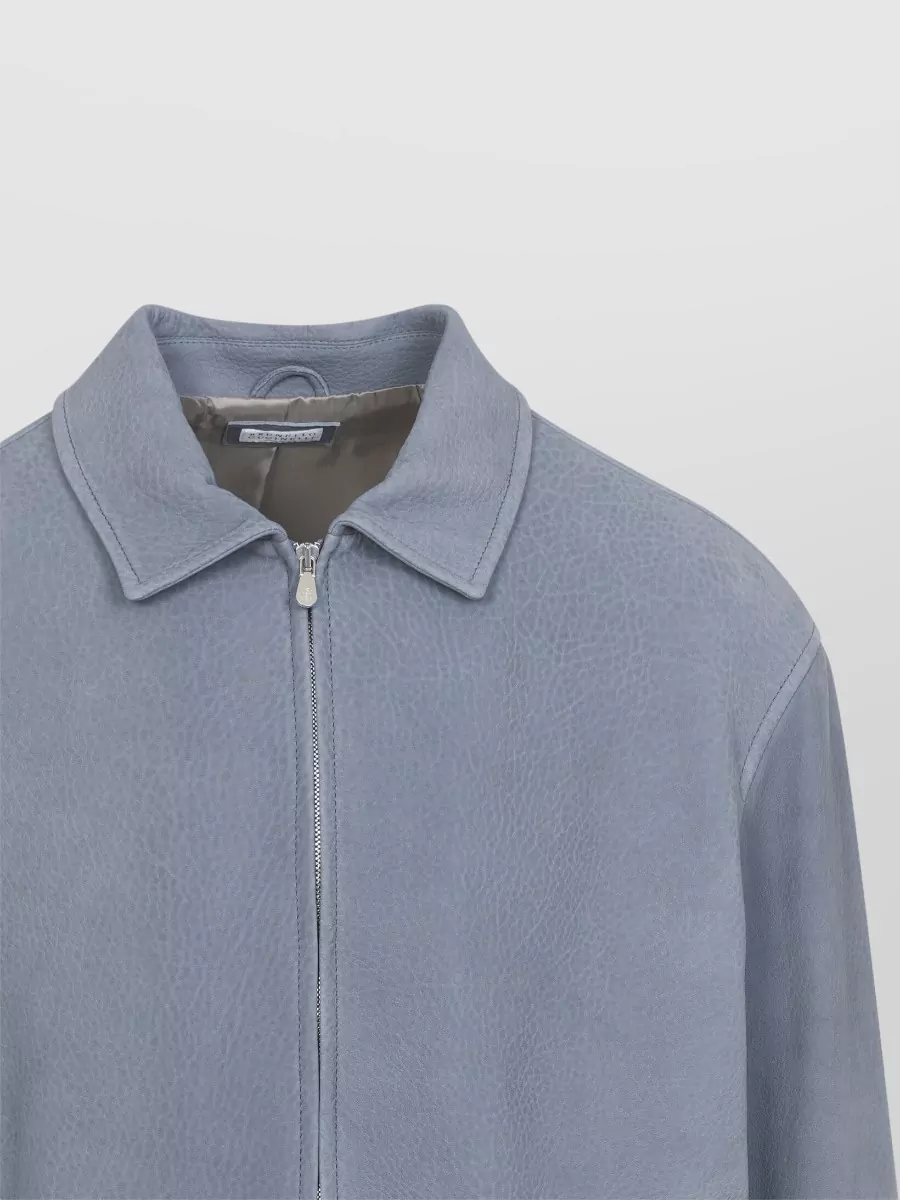 Brunello Cucinelli Leather Jacket Collared Elasticated Hem Long Sleeves