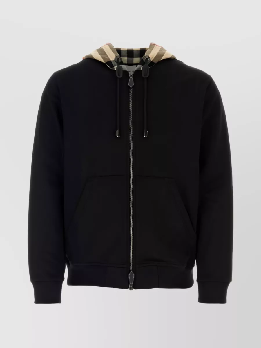 Shop Burberry Soft Cotton Hooded Sweater With Check-pattern Finish In Black