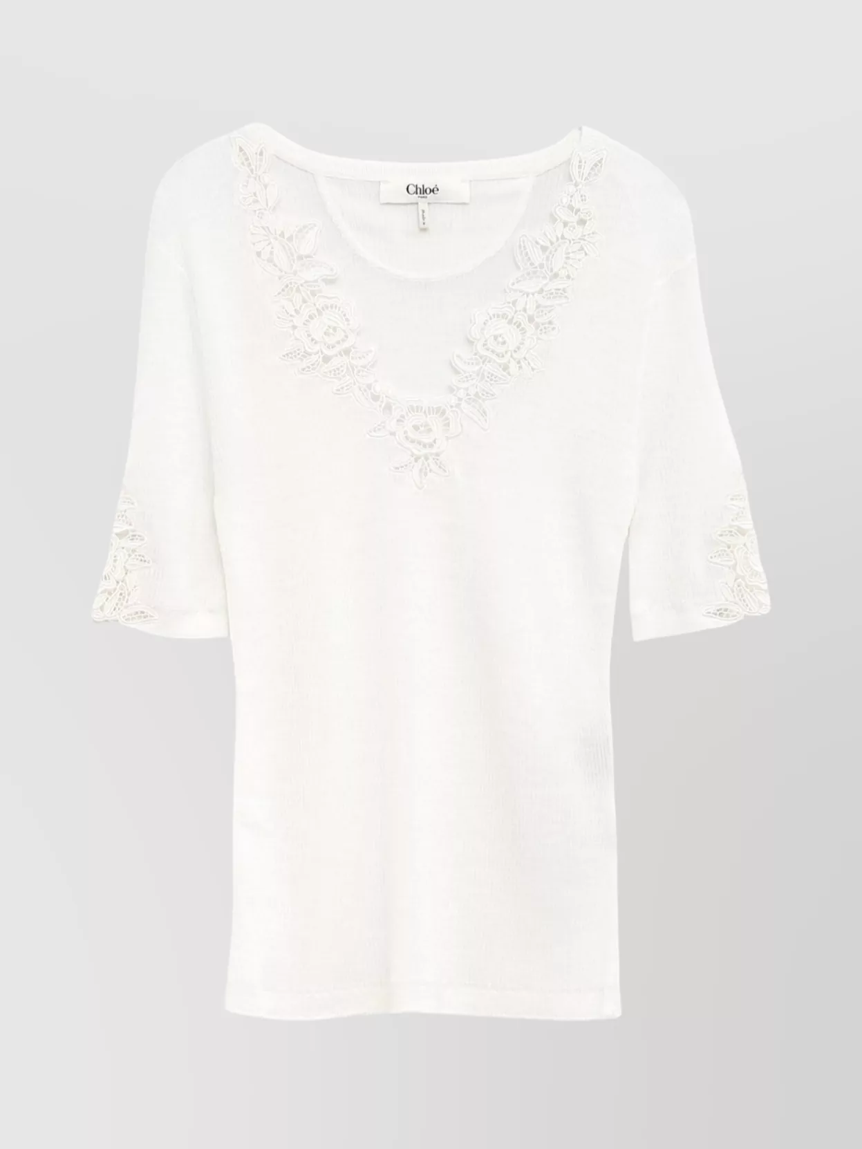 Chloé Floral Guipure Lace V-neck Fitted Top In White