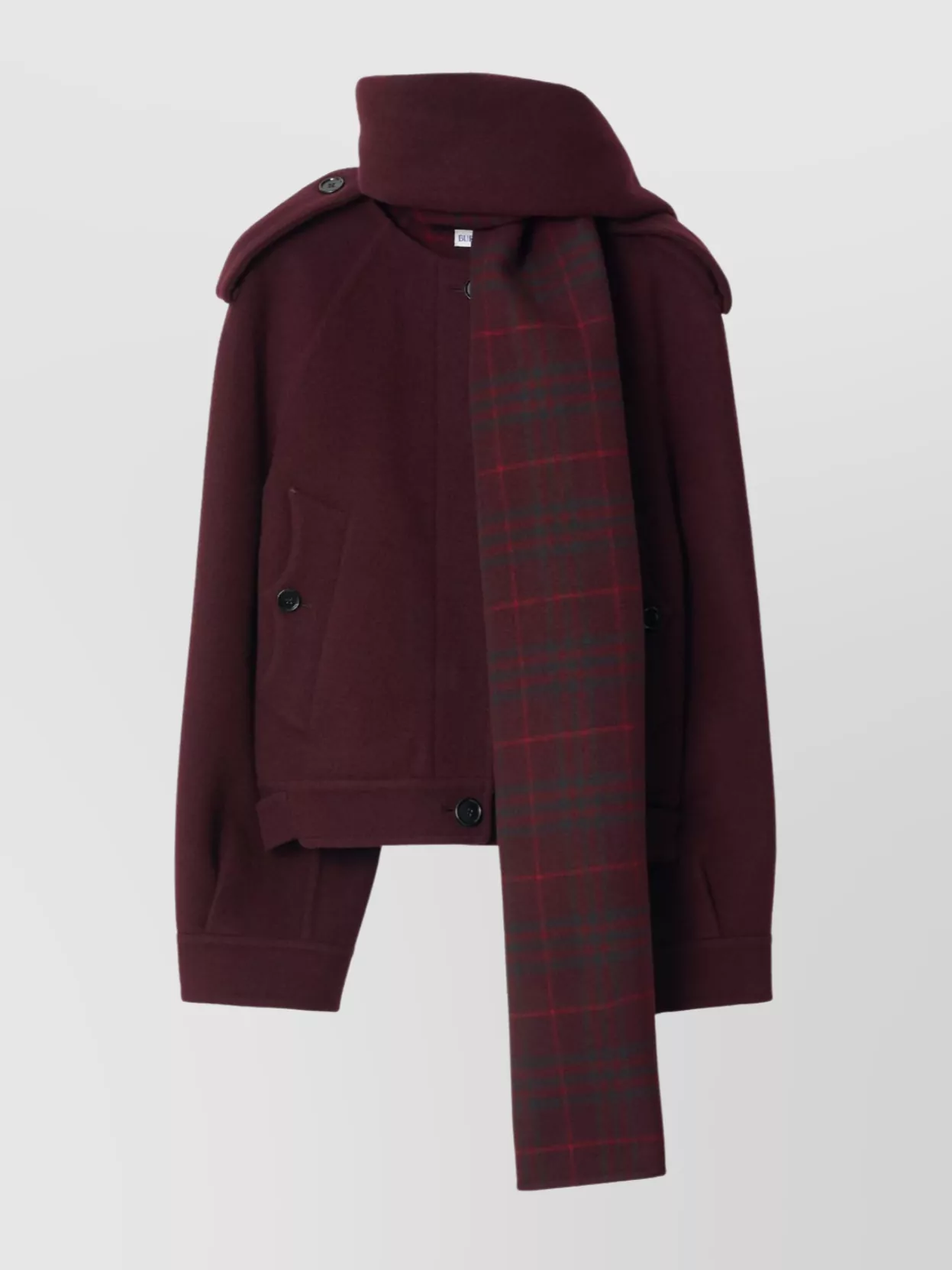 Burberry Hooded Virgin Wool Jacket With Plaid Scarf In Burgundy