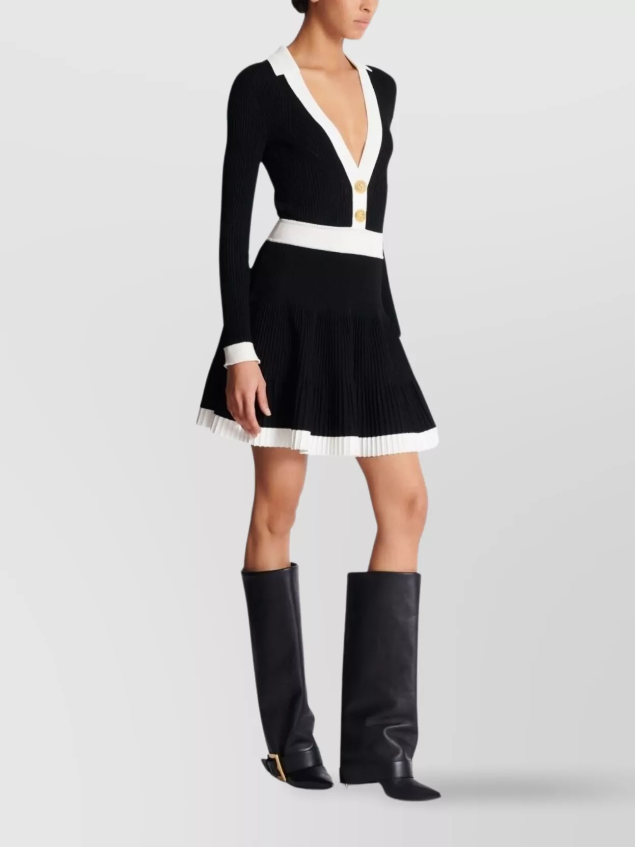Balmain Colorblock Twisted Cable Long Sleeve Sweater Dress In Black