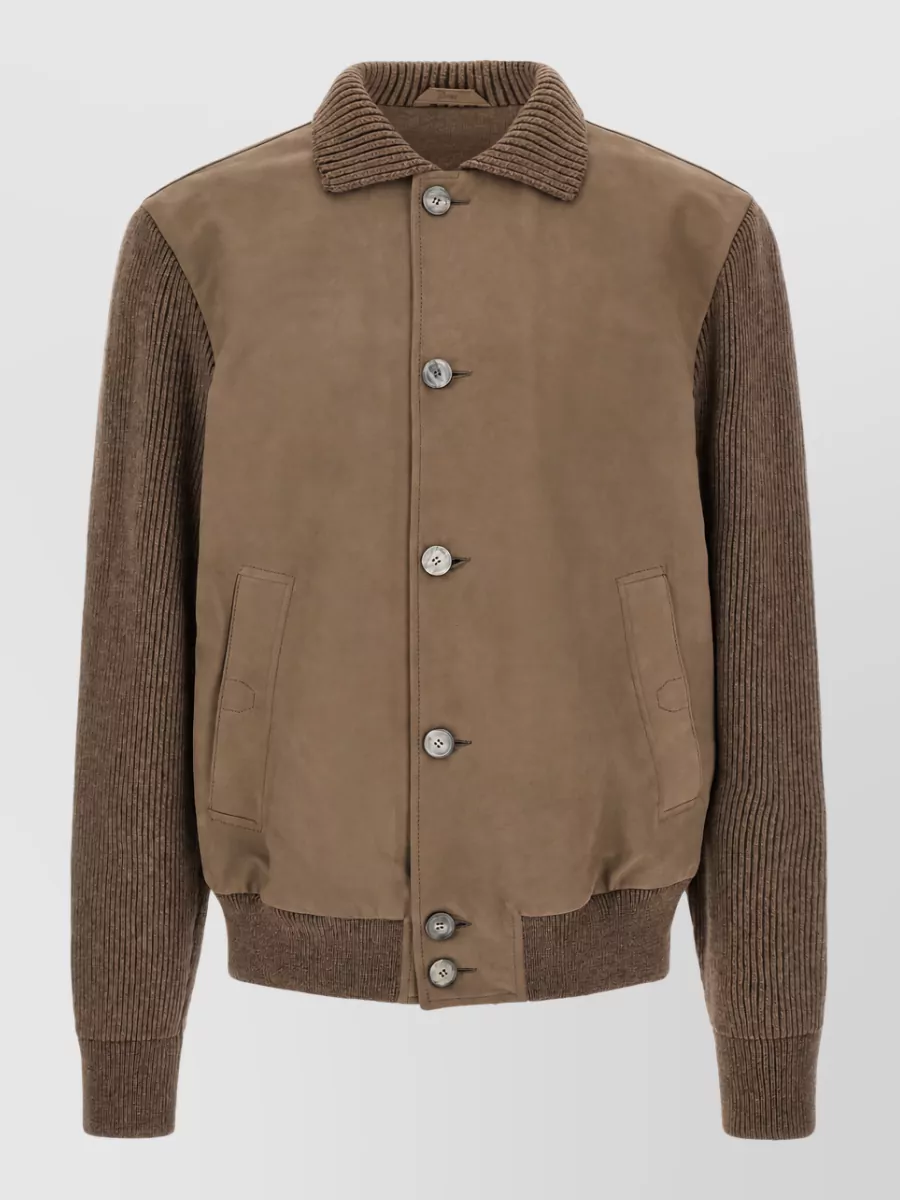 Brioni leather suede-panel ribbed-knit hybrid jacket