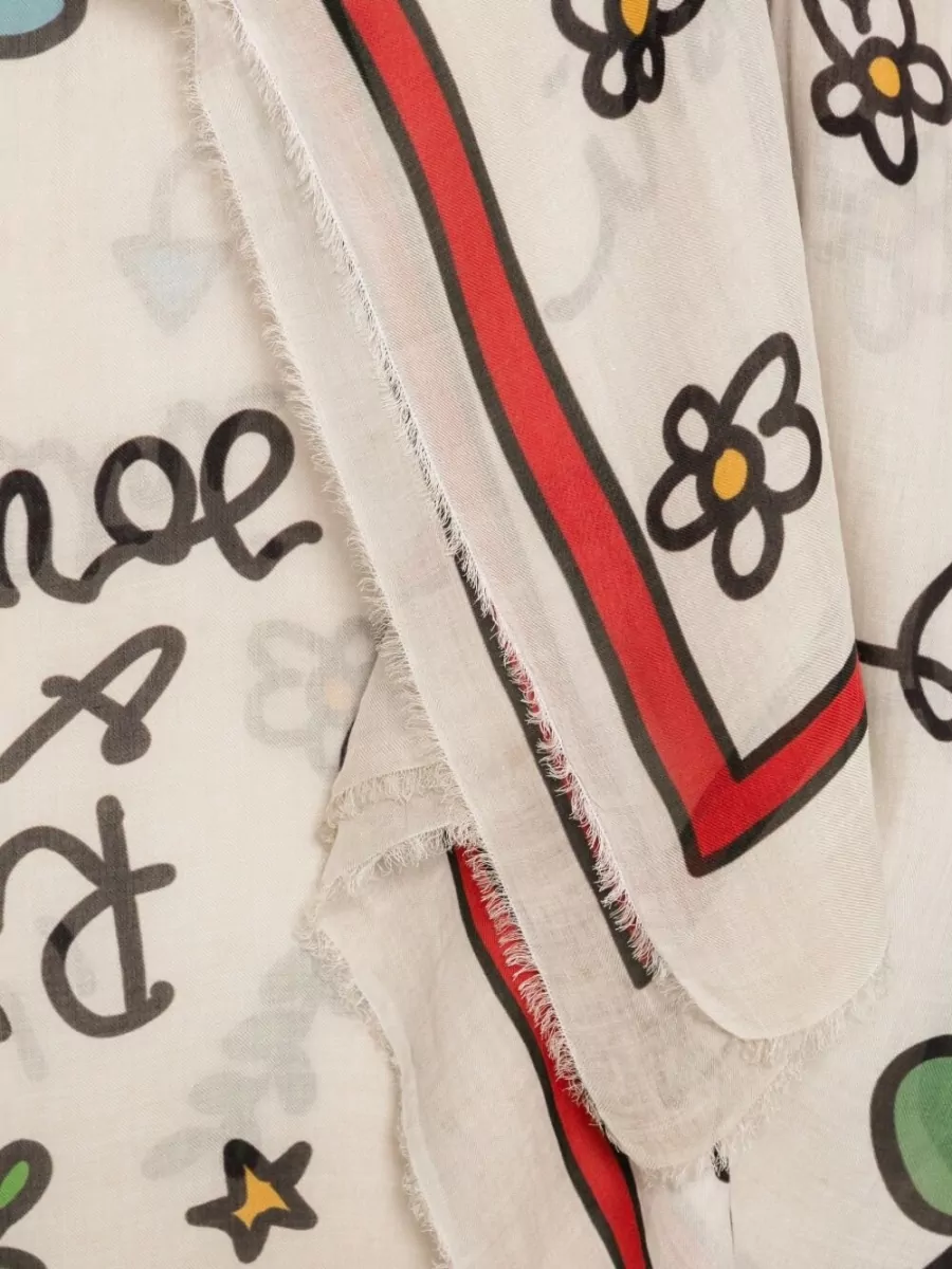 Faliero Sarti Cashmere-Blend Floral-Print Graphic-Print Slogan-Print Stole