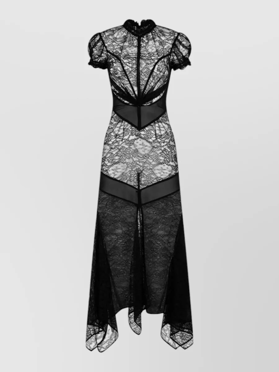 The Attico lace puff-sleeve high-neck handkerchief-hem midi dress