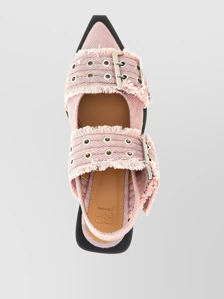 Ganni Denim Buckle Fringed Slingback Sandals